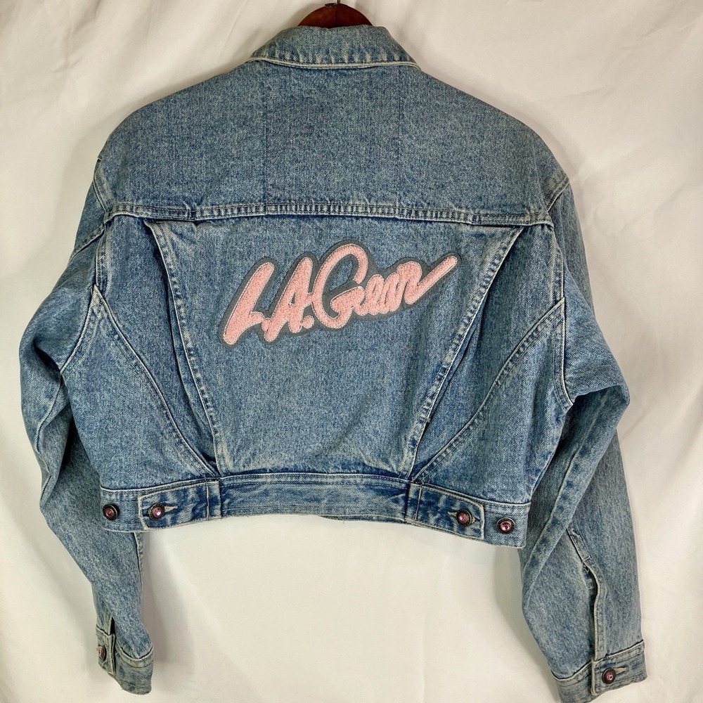 Vintage L.A. Gear Denim Jacket Cropped 80s 90s Logo Patch Teal Pink Y2K Style M - Picture 10 of 16